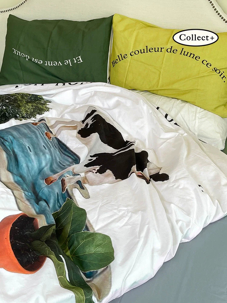 Cow & Lime Summer Cotton Bedding Set – 4 Pieces