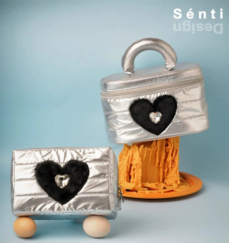Crystal Heart Cosmetic Bag – Y2K Nylon Pouch
