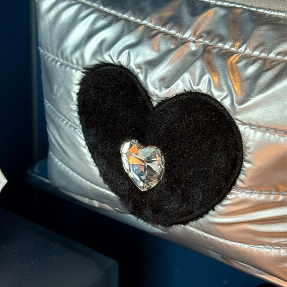 Small silver Y2K pouch with black fuzzy heart and jewel