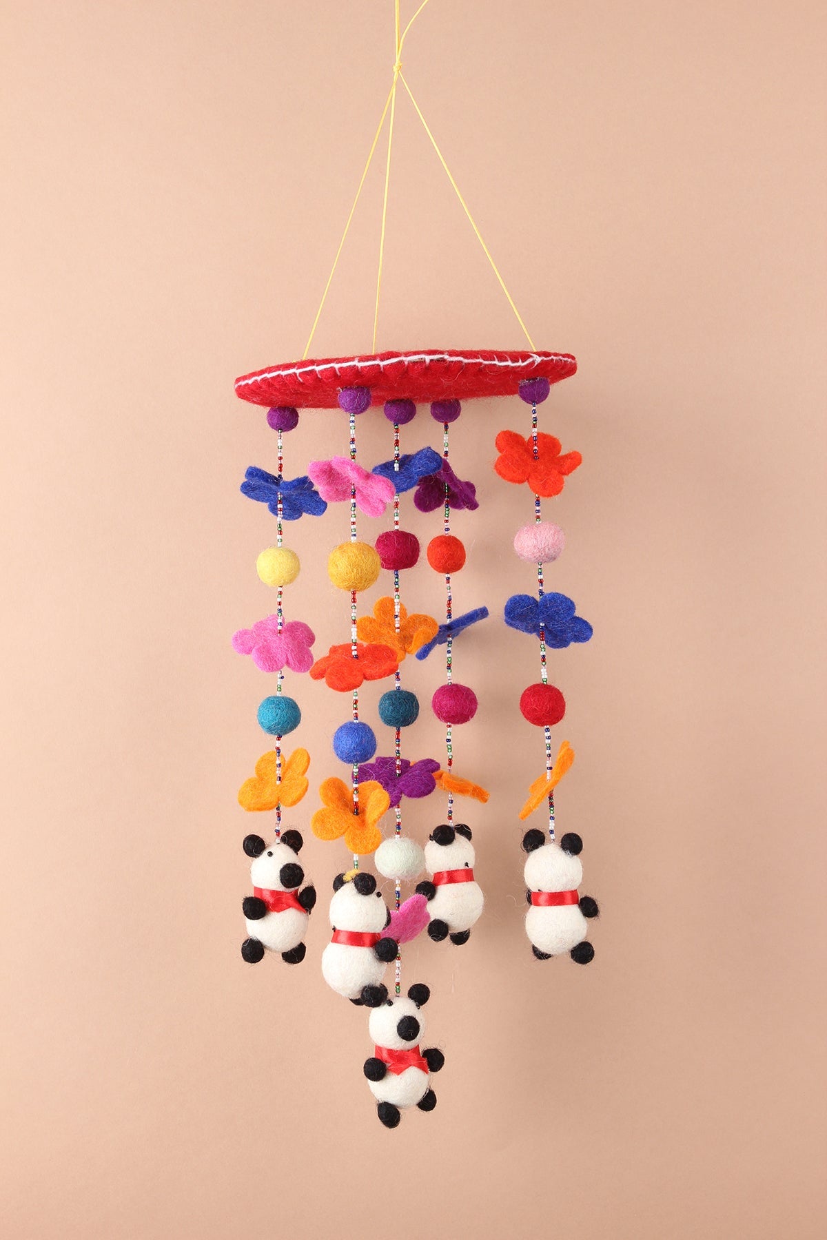 Handmade wool baby mobile with panda and flower figures, eco-friendly nursery decor