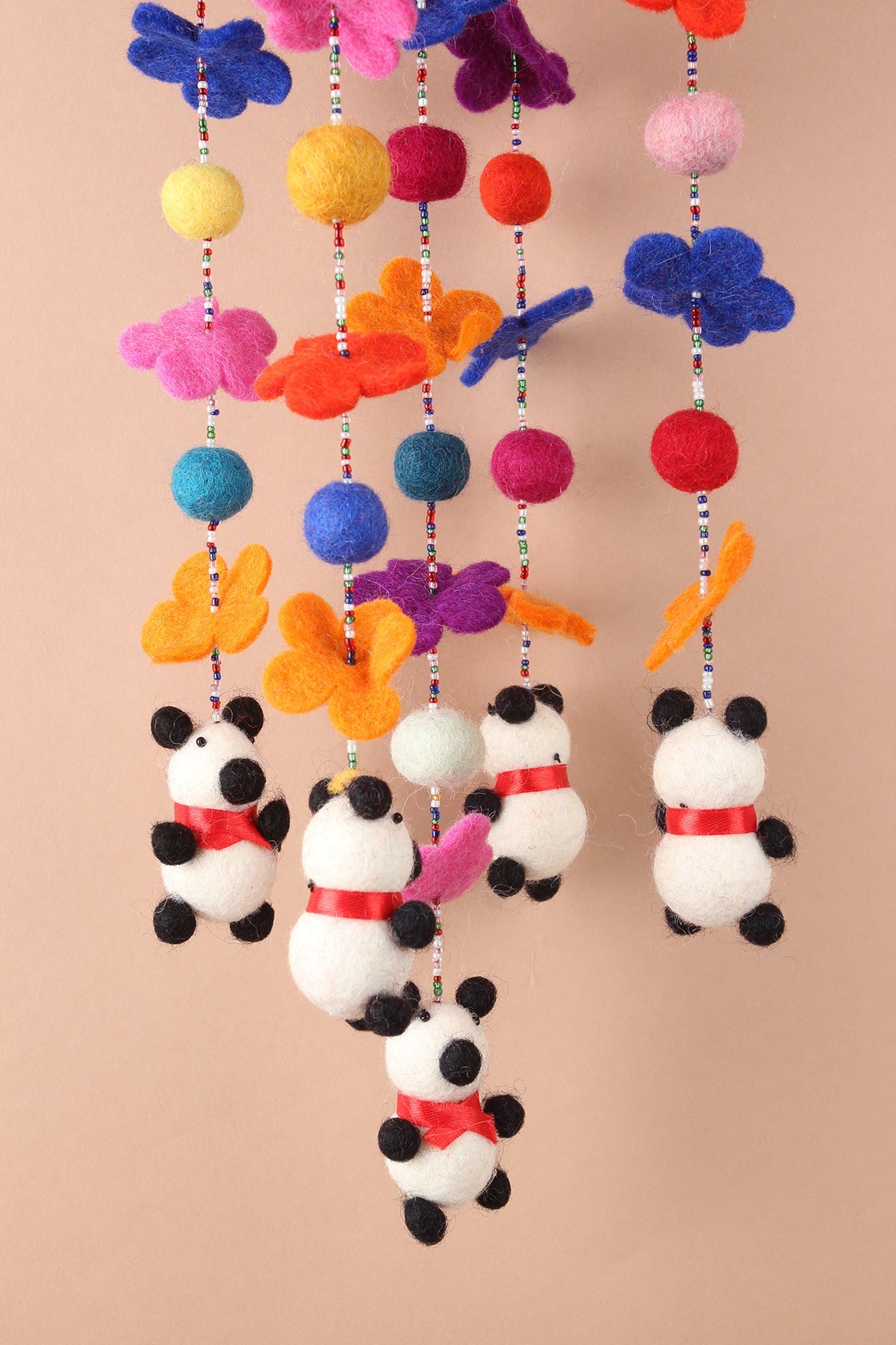 Handmade wool baby mobile with panda and flower figures, eco-friendly nursery decor