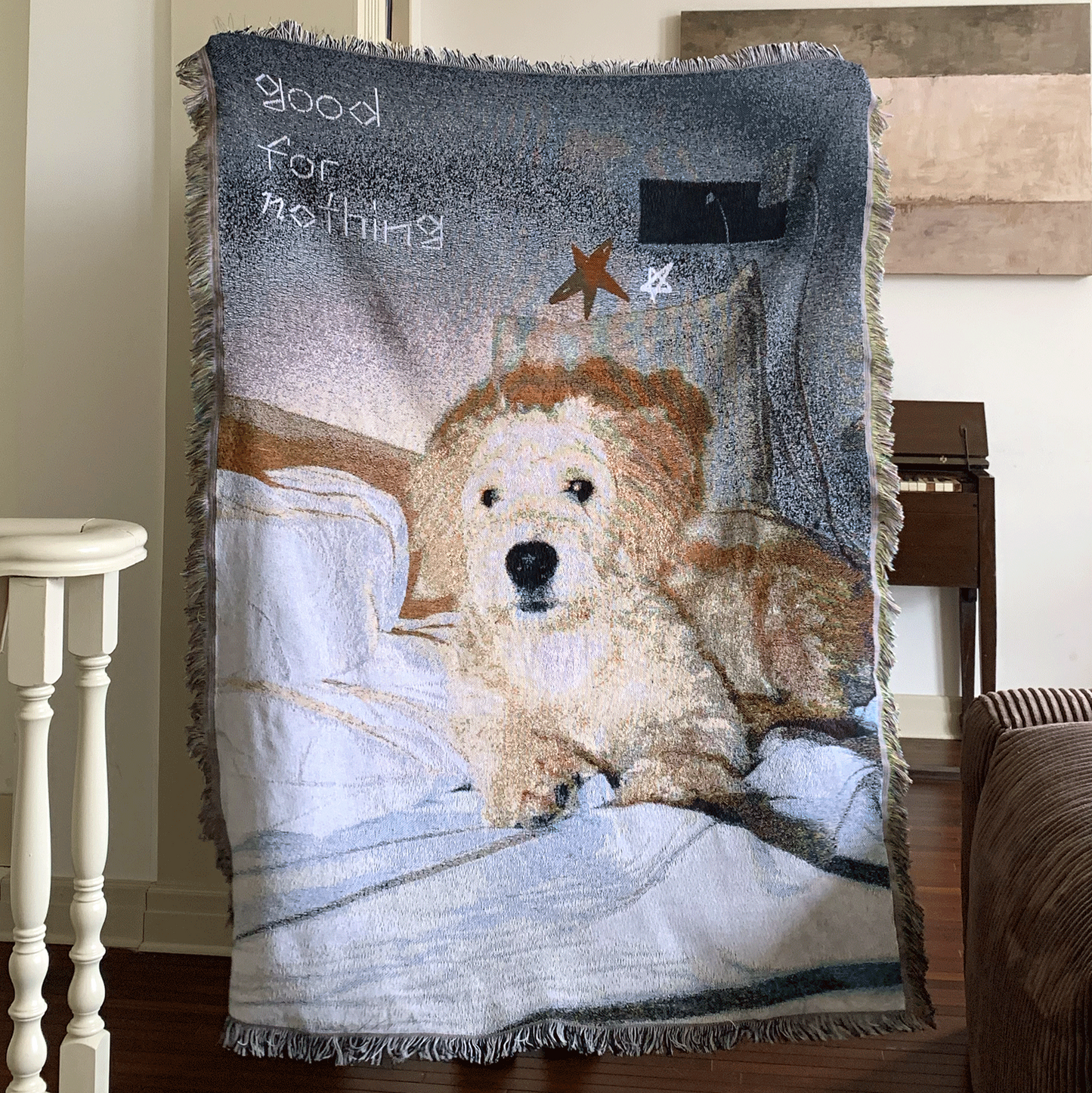 goodfornothing is good for nothing, original puppy, vintage art, tapestry, blanket, knitted sofa blanket
