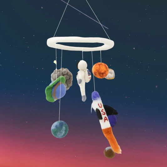 Handmade Wool Space Baby Mobile – Astronaut & Planet Nursery Hanging