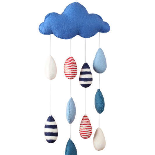 Cloud and raindrop shaped baby mobile in blue tones, handmade in Nepal from wool, eco-friendly baby nursery decoration