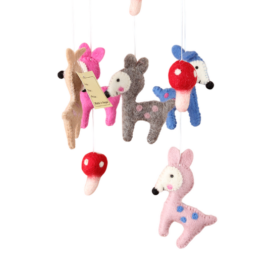 Eco-friendly wool baby mobile featuring deer figure, handmade in Nepal, forest animal nursery decor