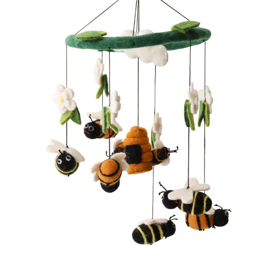 Felt bee and hive baby mobile with clouds, handmade wool nursery mobile, eco-friendly baby gift, bee-themed crib décor