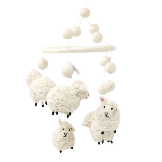 Cute handmade baby mobile with soft white lambs, eco-friendly wool nursery decoration, made in Nepal