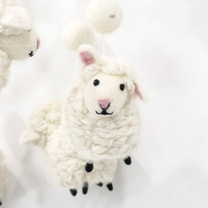 Cute handmade baby mobile with soft white lambs, eco-friendly wool nursery decoration