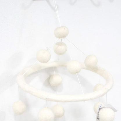 Cute handmade baby mobile with soft white lambs, eco-friendly wool nursery decoration