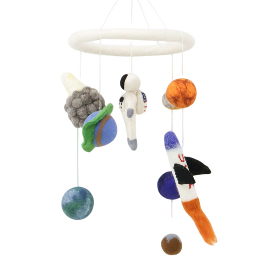 Cute baby mobile with astronaut, rocket, and planet felt figures, handmade wool mobile for baby room, space nursery theme