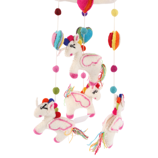 Felt unicorn and rainbow baby mobile, handmade in Nepal using 100% wool, perfect nursery decor and baby shower gift