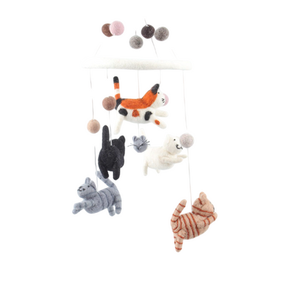 andmade wool felt baby mobile with 5 cats and 1 mouse – eco-friendly nursery gift