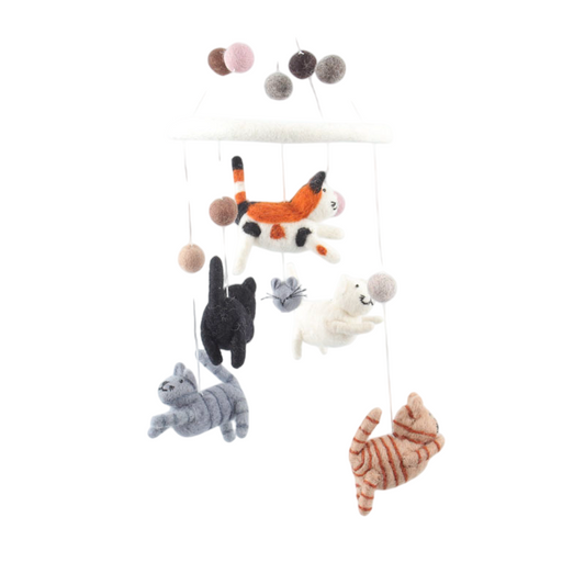 andmade wool felt baby mobile with 5 cats and 1 mouse – eco-friendly nursery gift