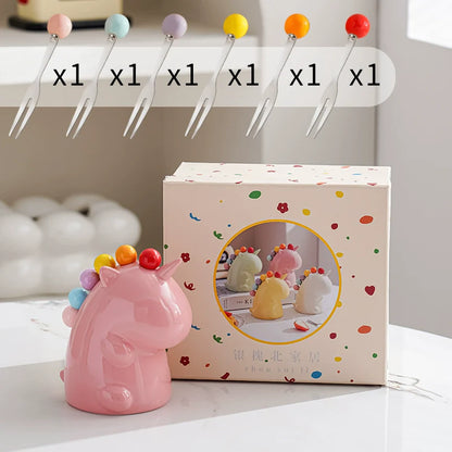 Unicorn Ceramic Fork Holder with Mini Dessert Fork Set