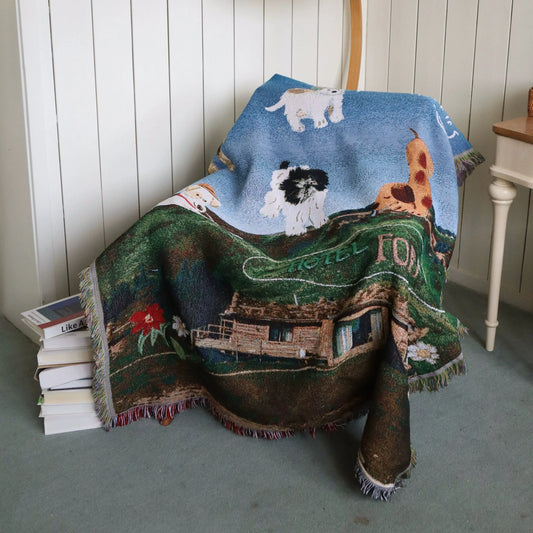 goodfornothing is good for nothing, stray dog home, art, tapestry, sofa blanket, knitted blanket, picnic mat