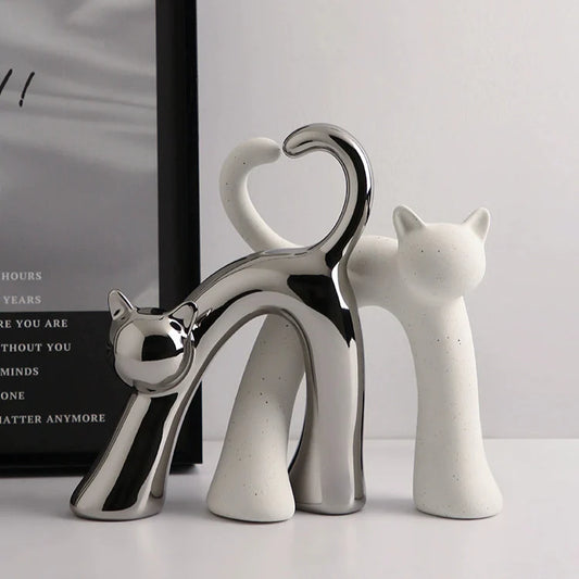Heart Tail Ceramic Cat Couple Figurine