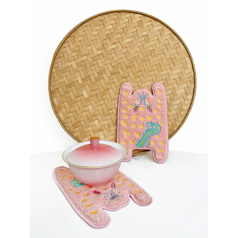 Ruoyu workshop RUOYUSTUDIO original design pink dragon embroidery fabric coaster