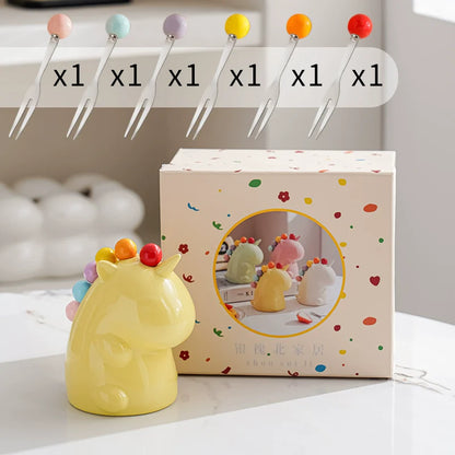 Unicorn Ceramic Fork Holder with Mini Dessert Fork Set