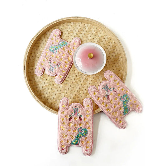 Ruoyu workshop RUOYUSTUDIO original design pink dragon embroidery fabric coaster
