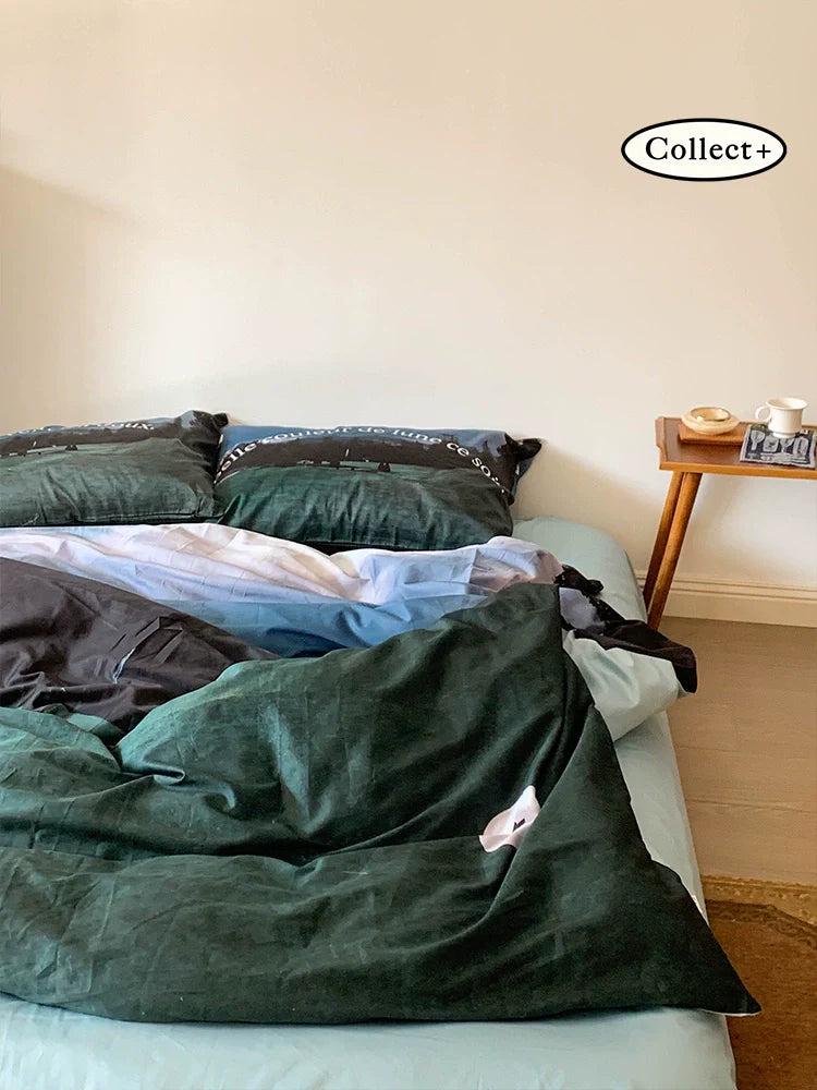Art Collection: Original Matcha Manor, Korean 100 High Count Four-Piece Cotton Duvet Cover, Bedding Ins