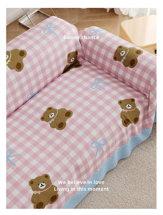Pink Gingham Bear Sofa Cover