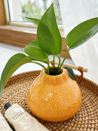 Orange ceramic small vase ornaments living room flower arrangement, hydroponic plant flowers, pothos, mood stabilization, table decorations