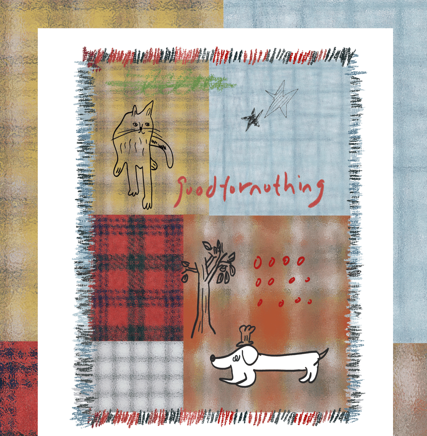 Goodfornothing is nothing like nothing in a vintage checked puppy art tapestry sofa blanket knitted blanket embellishment