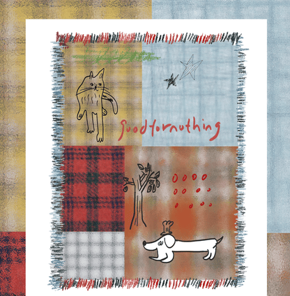 Goodfornothing is nothing like nothing in a vintage checked puppy art tapestry sofa blanket knitted blanket embellishment