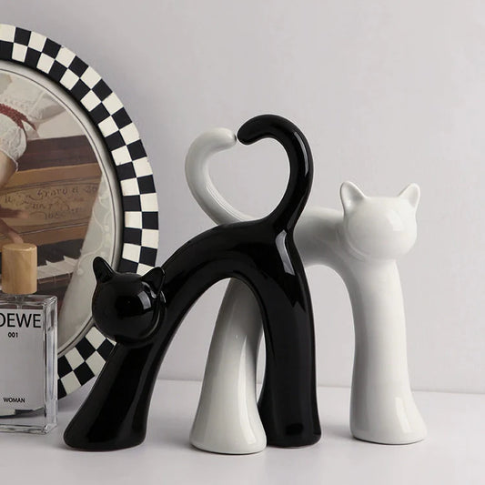 Heart Tail Ceramic Cat Couple Figurine