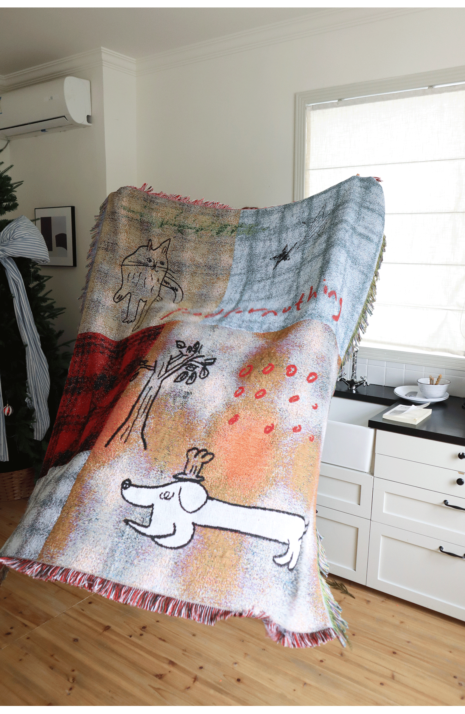 Goodfornothing is nothing like nothing in a vintage checked puppy art tapestry sofa blanket knitted blanket embellishment