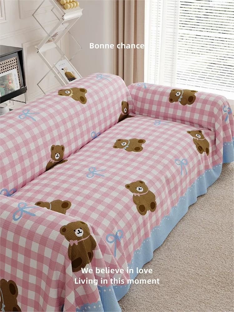 Pink Gingham Bear Sofa Cover