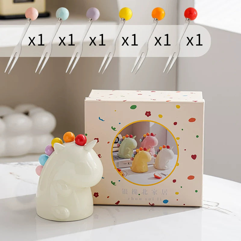 Unicorn Ceramic Fork Holder with Mini Dessert Fork Set