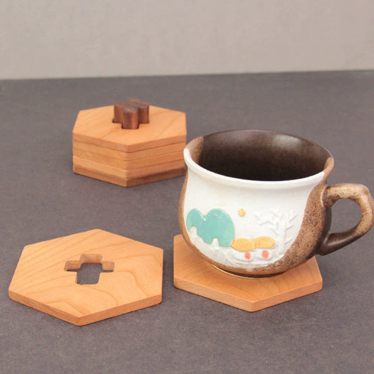 FOCUS Japanese style black walnut + cherry wood mat tea set tea cup holder coffee cross coaster solid wood gift