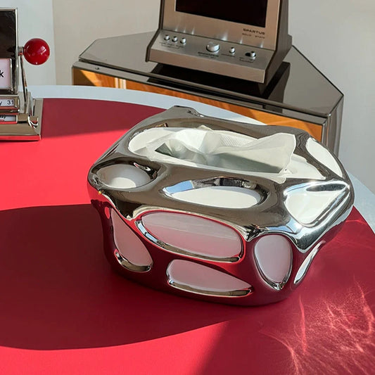 clickLiquid silver Y2K futuristic electroplating paper towel drawer tissue storage box decorative ornaments irregular shape