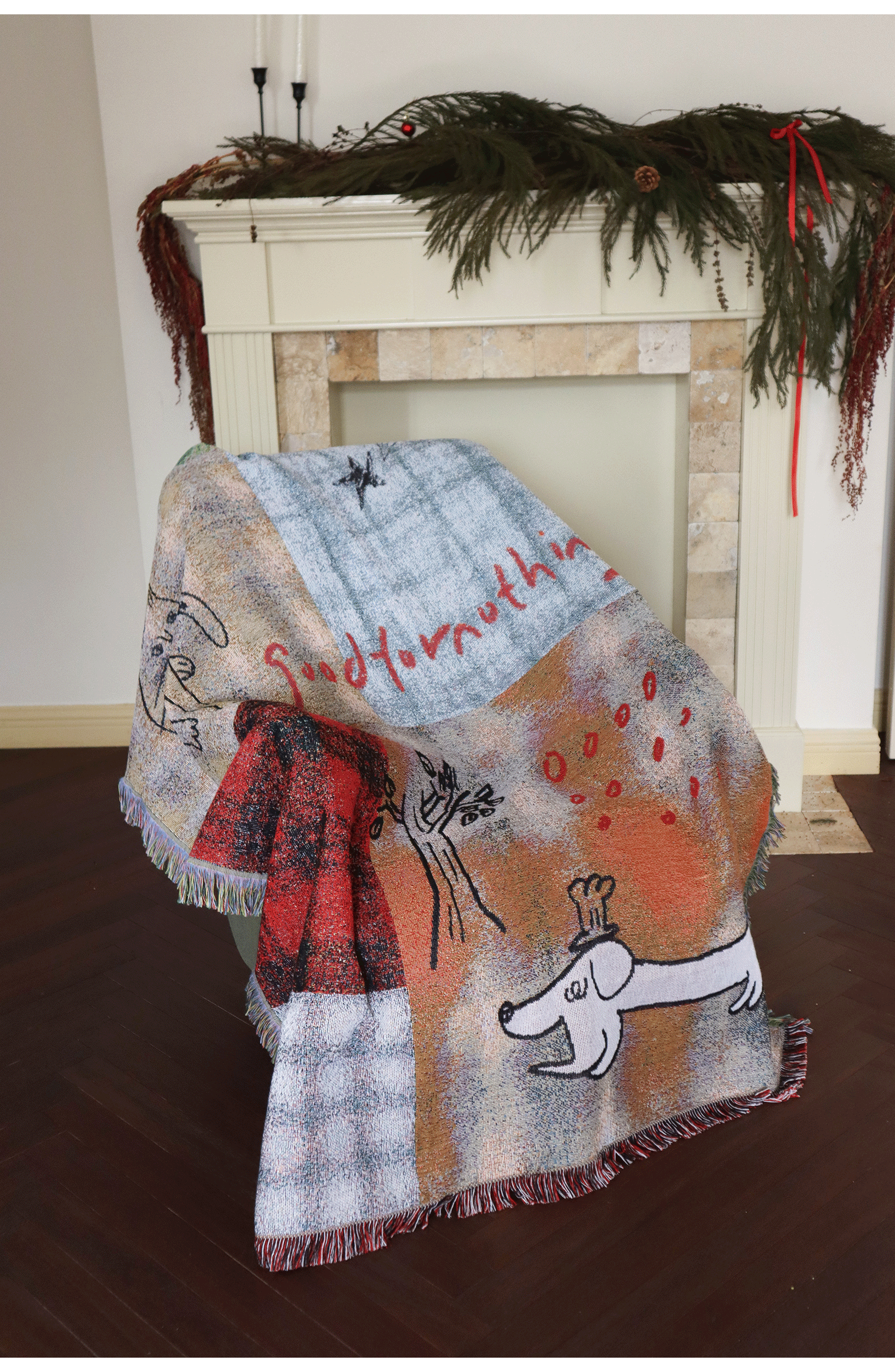Goodfornothing is nothing like nothing in a vintage checked puppy art tapestry sofa blanket knitted blanket embellishment