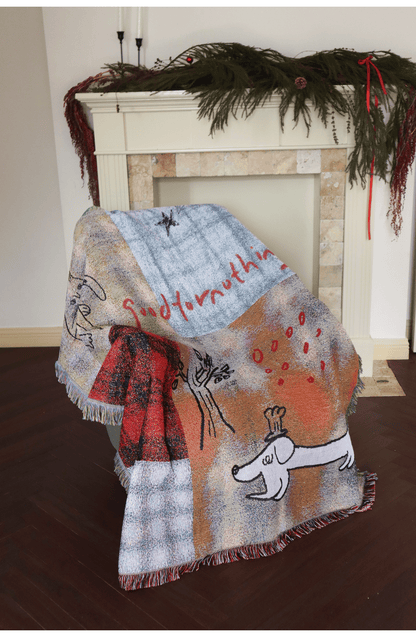 Goodfornothing is nothing like nothing in a vintage checked puppy art tapestry sofa blanket knitted blanket embellishment