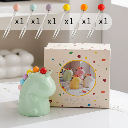 Unicorn Ceramic Fork Holder with Mini Dessert Fork Set