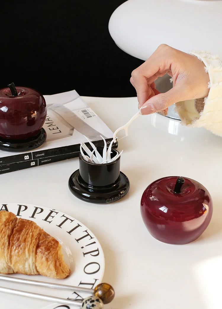 CMYD original design high-value apple toothpick jar ceramic dental floss cotton swab storage box decorative ornament gift