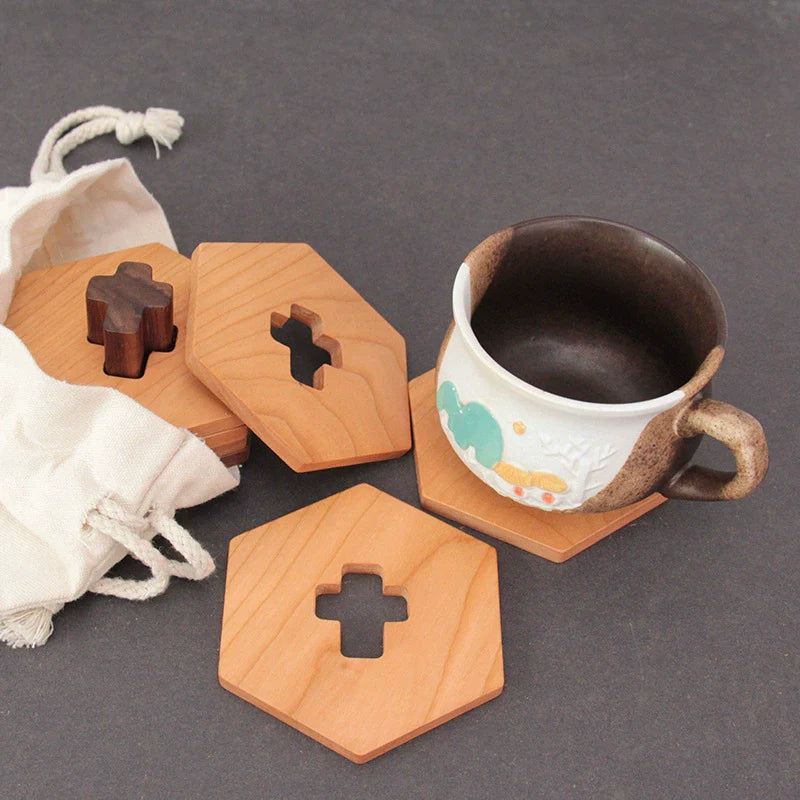 FOCUS Japanese style black walnut + cherry wood mat tea set tea cup holder coffee cross coaster solid wood gift