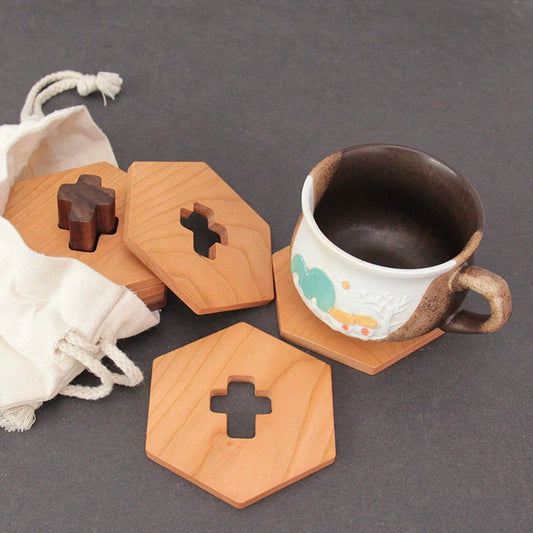 FOCUS Japanese style black walnut + cherry wood mat tea set tea cup holder coffee cross coaster solid wood gift