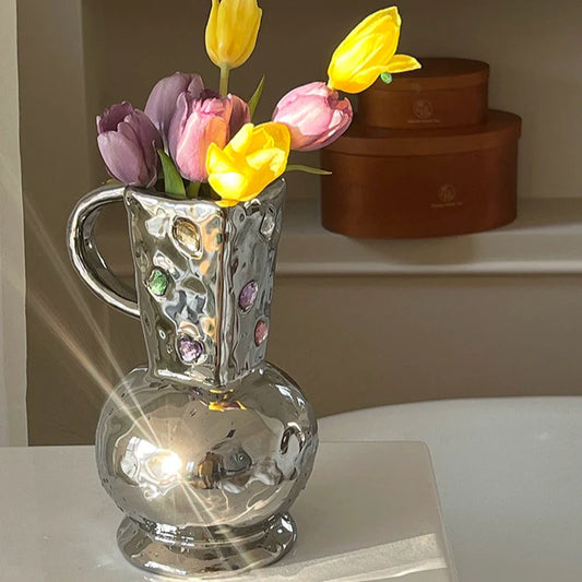 Click gemstone diamond vase hydroponic flower arranger ornament y2k electroplating silver ceramic creative home blogger with the same style