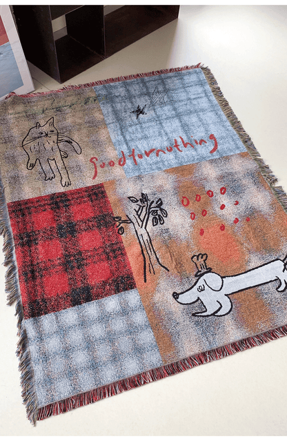 Goodfornothing is nothing like nothing in a vintage checked puppy art tapestry sofa blanket knitted blanket embellishment