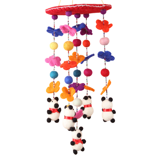 Handmade wool baby mobile with panda and flower figures, eco-friendly nursery decor, made in Nepal