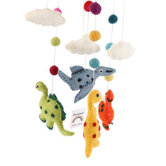  Handmade wool baby mobile featuring herbivorous dinosaurs and a pterosaur, eco-friendly nursery decoration from Nepal