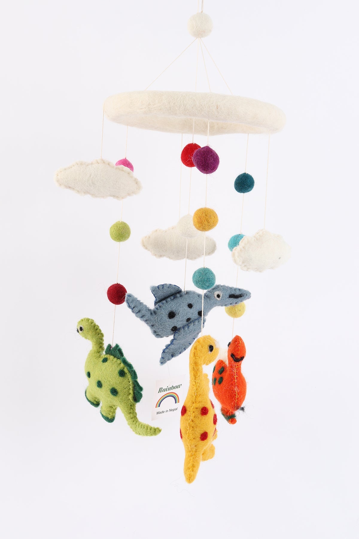 Handmade wool baby mobile featuring herbivorous dinosaurs and a pterosaur, eco-friendly nursery decoration from Nepal