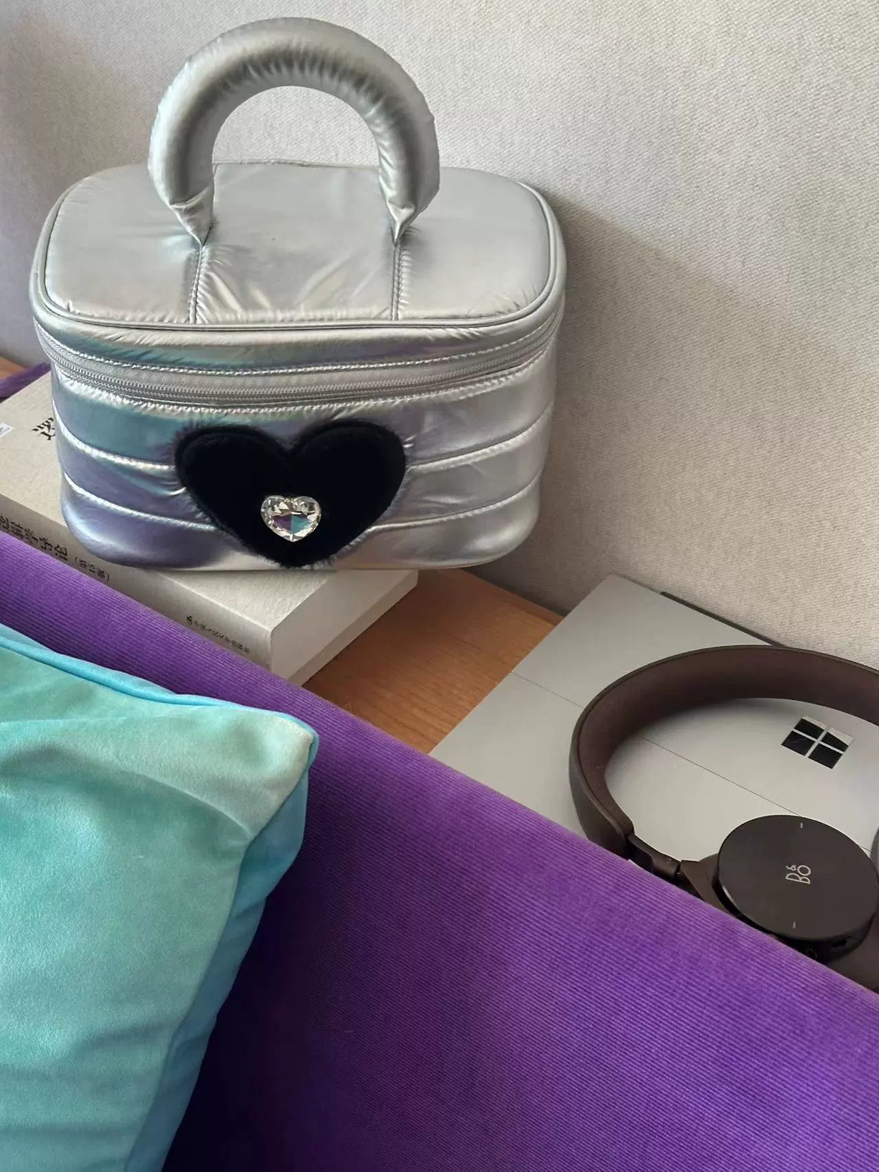 Large black heart furry pouch with silver handle