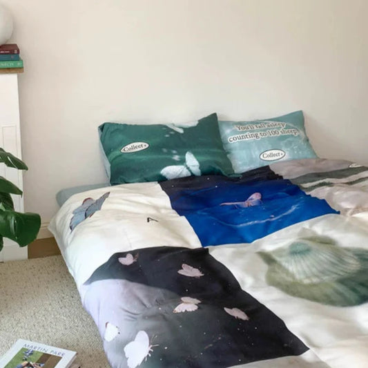 Aesthetic bedroom view with butterfly-themed summer bedding