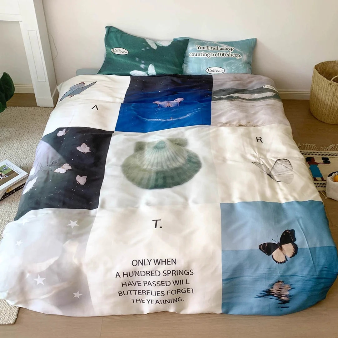 butterfly Garden bedding set with butterflies and seashell collage design