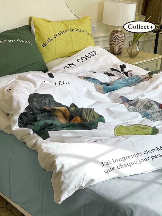 Cow and lime printed summer bedding set with green and yellow pillows