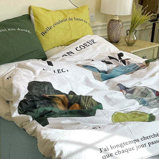 Cow and lime printed summer bedding set with green and yellow pillows